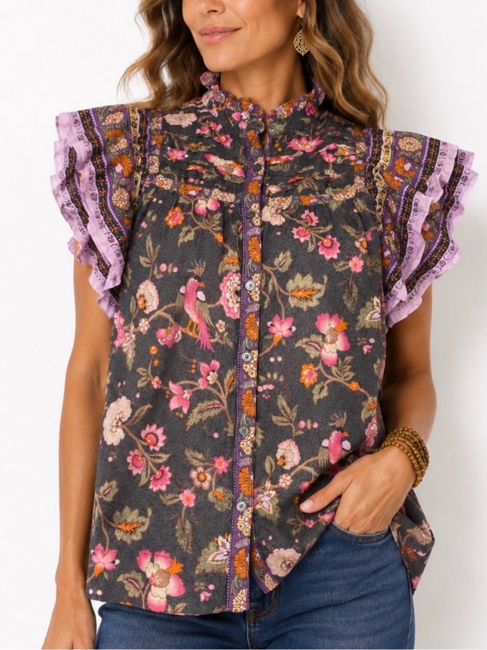 Sundance Ruffle Sleeve Cotton Floral Bird Print Blouse Size Petite M